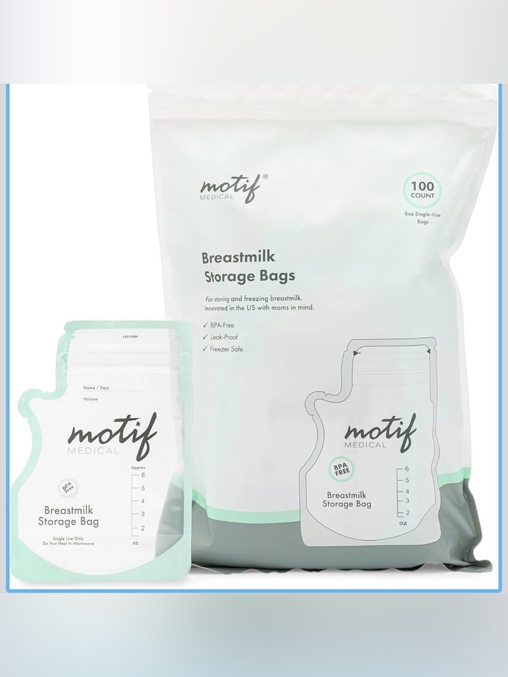 Motif Medical Mint & White Breastmilk Storage Bags - 100 Count